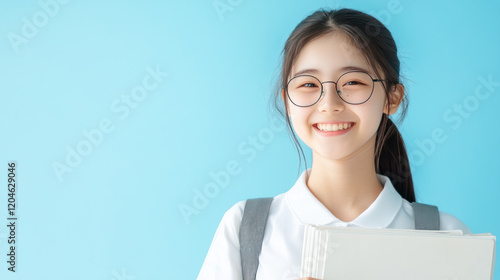 Chinese teenage student girl holding textbook go to school library