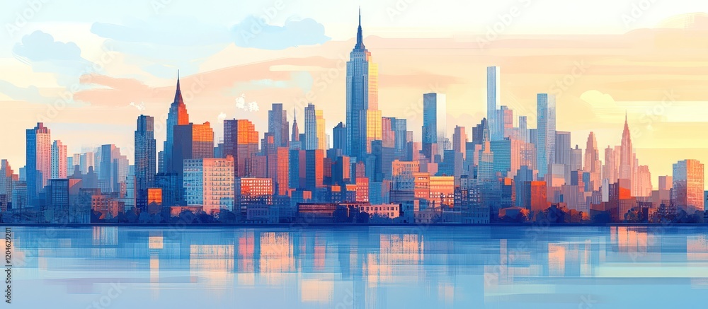 Obraz premium Vibrant sunrise cityscape reflected on calm water.