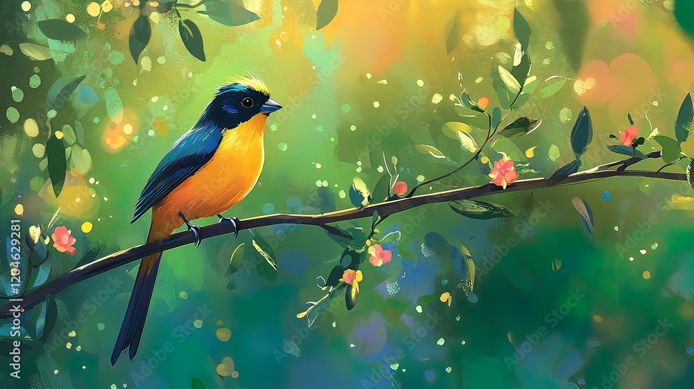 Vibrant yellow and blue bird perched on a branch amidst lush green foliage and soft sunlight. Vibrant yellow and blue bird perched on a branch amidst lush green foliage and soft sunlight.