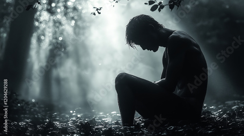 Silhouette of a sad man kneeling in a forest, backlit, dark mood, monochrome color scheme, with soft light rays and a misty atmosphere.