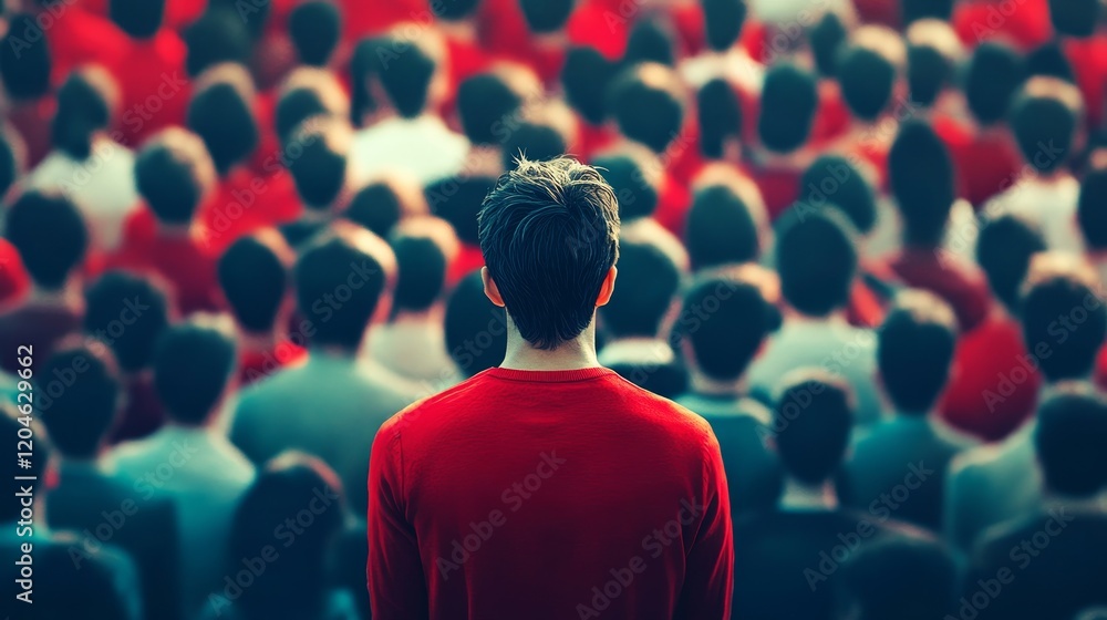 Man in Red Shirt Stands Out in a Crowd of People Man in Red Shirt Stands Out in a Crowd of People
