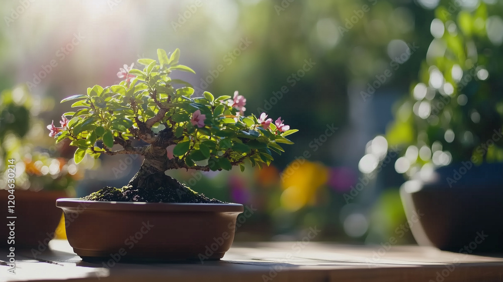 Sunlit Bonsai Tree in a Vibrant Garden Sunlit Bonsai Tree in a Vibrant Garden