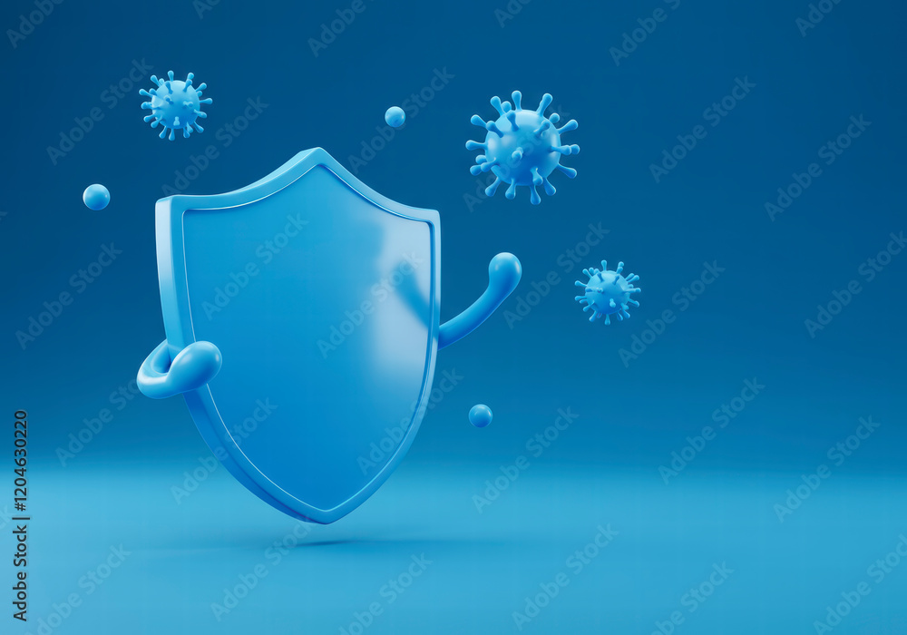 Fototapeta premium 3D vector of a blue shield with a glass front, protecting against germs and bacteria, ideal for advertising germ prevention products on a blue background.