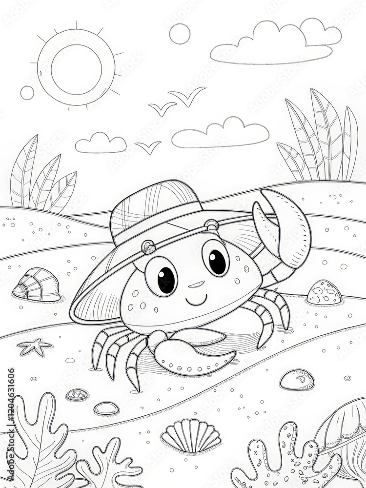 Cute crab wearing a hat in a beach scene with ocean elements. outline for coloring. Cute crab wearing a hat in a beach scene with ocean elements. outline for coloring.