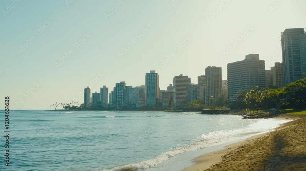 Obraz premium Sunny coastal city skyline with ocean waves lapping sandy beach.