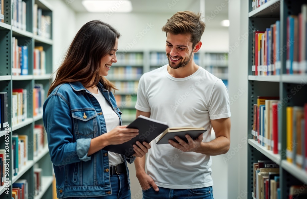 Happy college student, teacher conversation in library. Student, teacher smiling, looking at. Standing near bookshelves in light-filled room. Holding books, papers. Positive learning environment. Happy college student, teacher conversation in library. Student, teacher smiling, looking at. Standing near bookshelves in light-filled room. Holding books, papers. Positive learning environment.