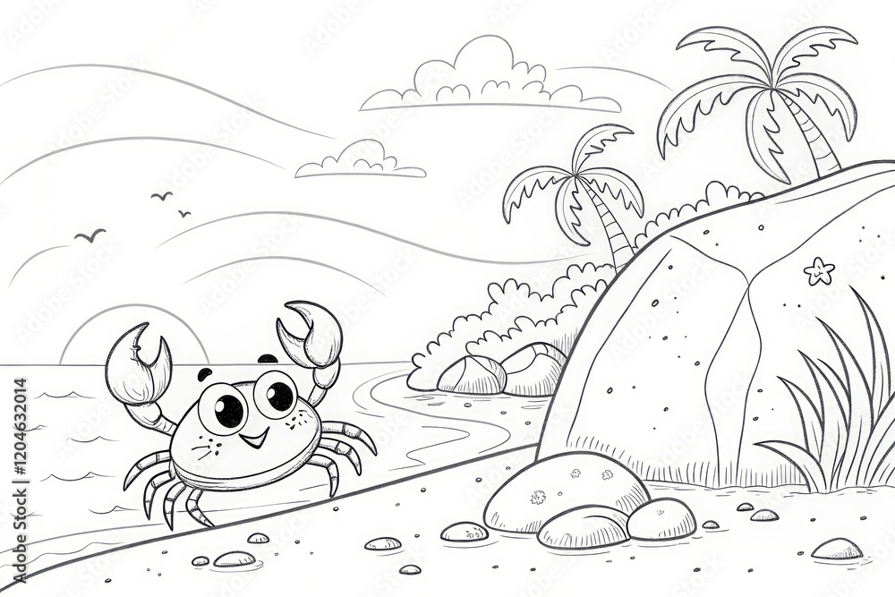 Fototapeta premium Cartoon crab near a rocky beach with palm trees and clouds in the background. outline for coloring.