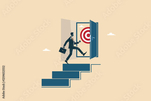 Climbing the Stairs of Success, Business Leaders Unlocking Opportunities and Achieving Target Goals Through Strategic Progress