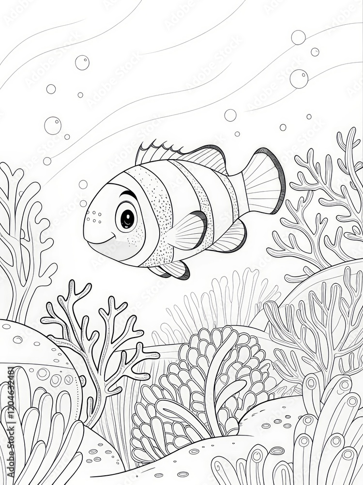 Fototapeta premium Underwater scene featuring a cartoon fish amidst coral reefs. outline for coloring.