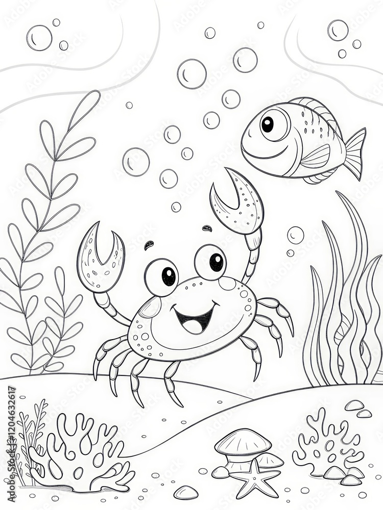 Fototapeta premium Cheerful crab and fish in an underwater scene with bubbles and seaweed. outline for coloring.