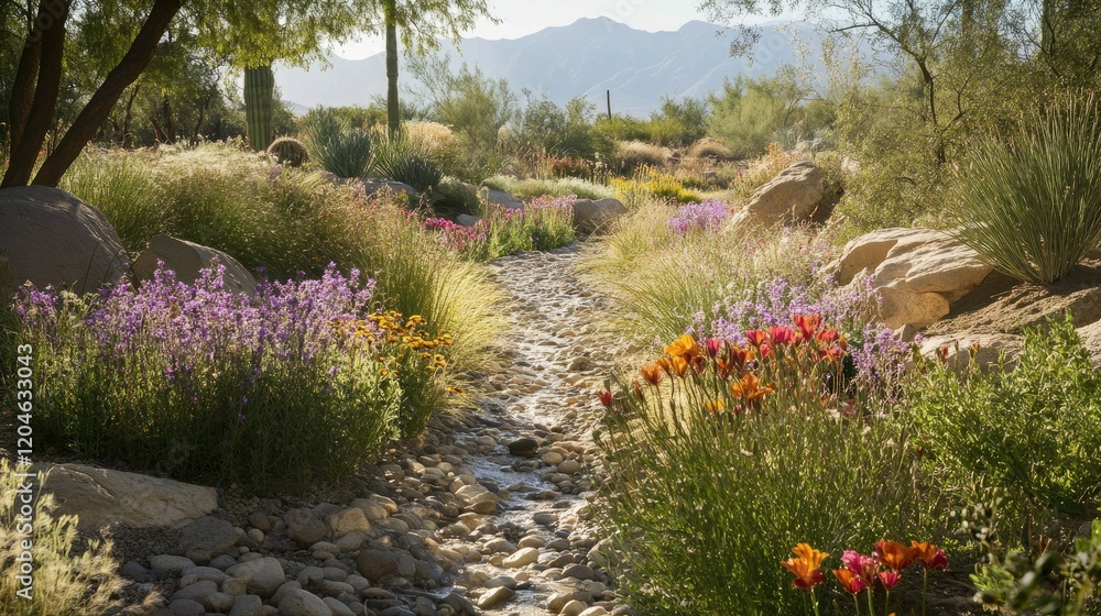 Fototapeta premium Serene Desert Oasis: A Tranquil Stream Meanders Through Vibrant Wildflowers and Sun-Drenched Rocks