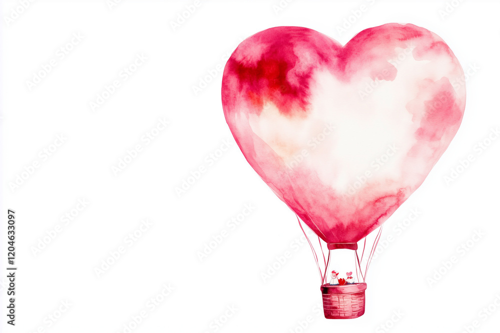 Hand-Drawn Watercolor Heart-Shaped Hot-Air Balloon for Valentine’s Day on White Background