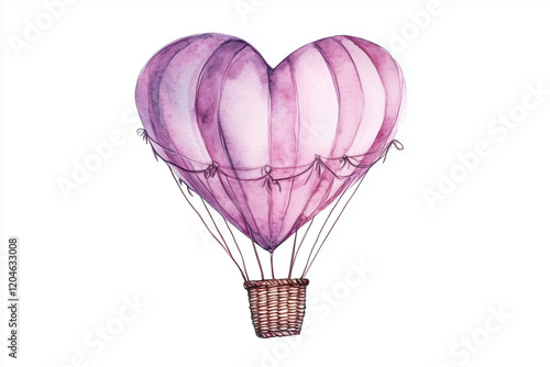 Hand-Drawn Watercolor Heart-Shaped Hot-Air Balloon for Valentine’s Day on White Background