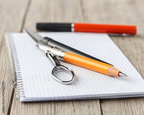 Orange Pencil, Scissors, Pens on Grid Notebook photo