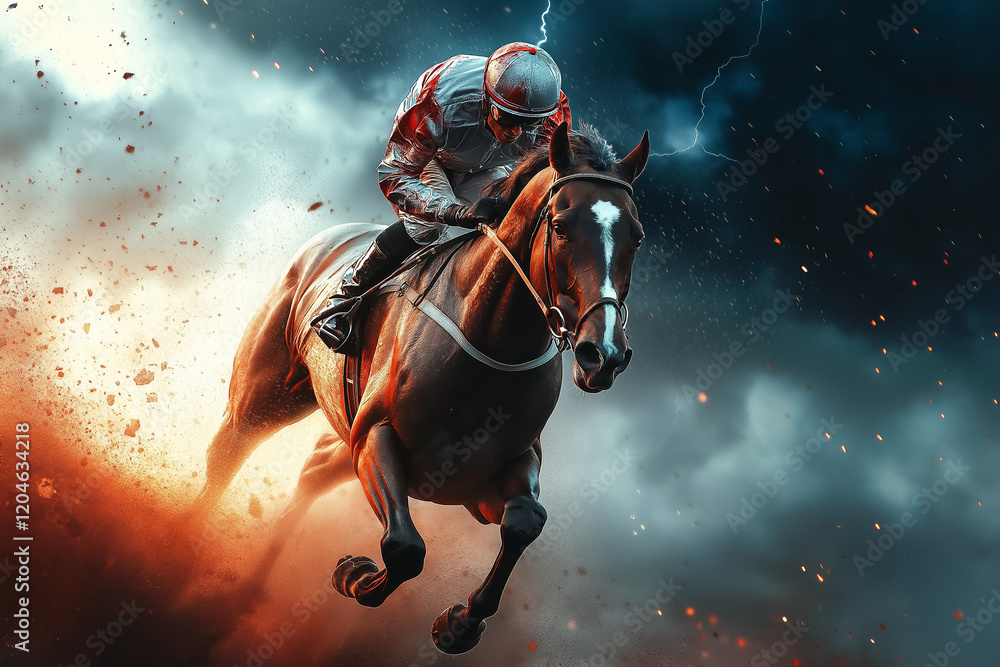 Fototapeta premium Movie Poster of a Racehorse Jockey in Gear Guiding the Horse with Precision