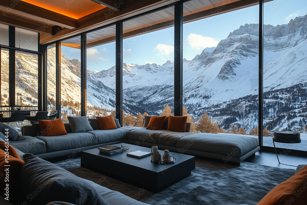 Fototapeta premium Magnificent Mountain Retreat with Luxurious Furniture and Stunning Scenic Views