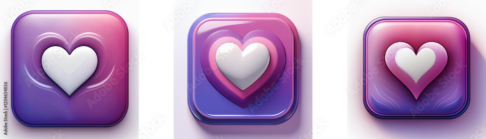 Three glossy square buttons feature a white heart on a gradient purple-pink background. Variations in heart size and position are shown. Three glossy square buttons feature a white heart on a gradient purple-pink background. Variations in heart size and position are shown.