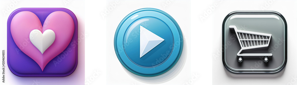 Three glossy buttons: heart, play, shopping cart. Simple, colorful icons for app design. Three glossy buttons: heart, play, shopping cart. Simple, colorful icons for app design.