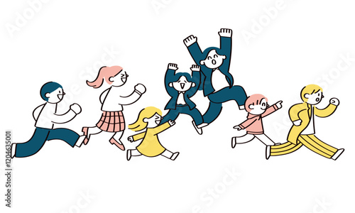 同じ方向に走る人たちのイラスト
