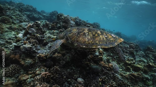 Wallpaper Mural Beautiful Sea Turtle eating seaweeds in Wild Water Ocean. Green Turtles in Outdoors Sea National Park. View Chelonia Mydas in Coast Sun Clear Water. Natural Biodiversity in Asia Fauna. Bali Gili meno Torontodigital.ca