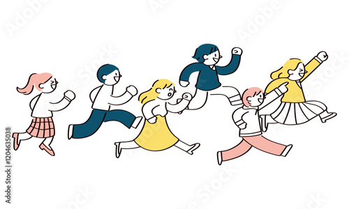 同じ方向に走る人たちのイラスト