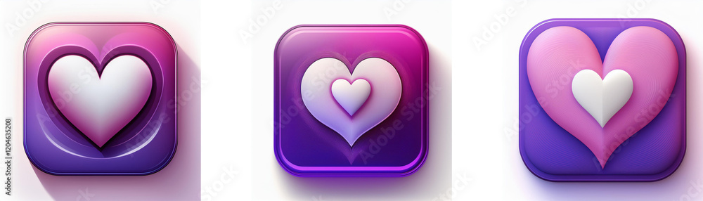 Three square icons featuring 3D hearts in shades of pink and purple. A gradient effect adds depth. Three square icons featuring 3D hearts in shades of pink and purple. A gradient effect adds depth.