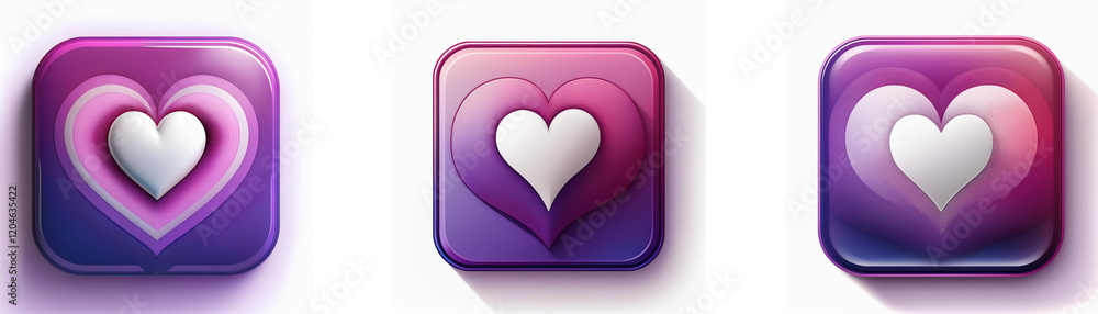 Three square buttons display a layered heart design. Gradient colors shift from purple to pink. A white heart is centrally positioned. Three square buttons display a layered heart design. Gradient colors shift from purple to pink. A white heart is centrally positioned.