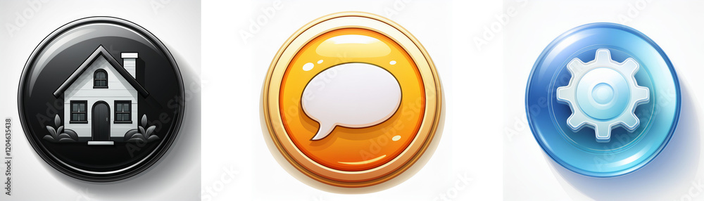 Three glossy circular icons: a house, a speech bubble, and a gear. Representing home, communication, and settings. Three glossy circular icons: a house, a speech bubble, and a gear. Representing home, communication, and settings.