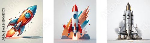 Three unique rocket illustrations: a cartoonish red and blue rocket, a stylized red and white rocket launching, and a realistic space shuttle poised for takeoff.  Each depicts different styles of rock photo