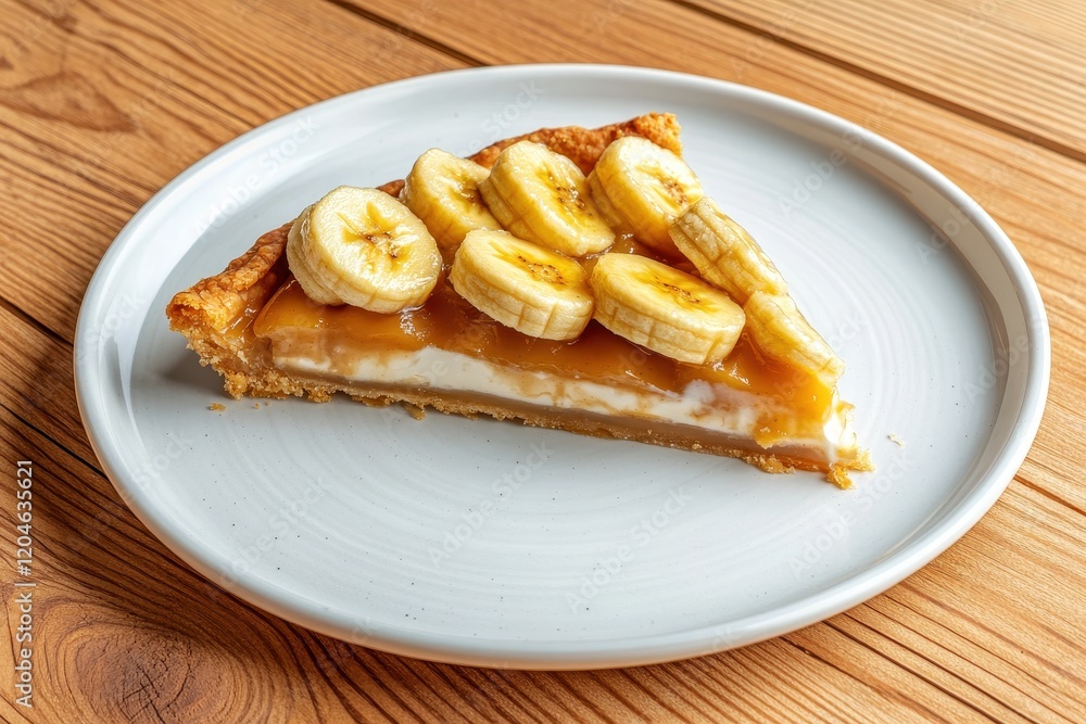 Delicious Slice of Banana Caramel Tart on White Plate Showcasing Golden Bananas and Creamy Layered Filling Surrounded by Crunchy Crust on Wooden Table Delicious Slice of Banana Caramel Tart on White Plate Showcasing Golden Bananas and Creamy Layered Filling Surrounded by Crunchy Crust on Wooden Table