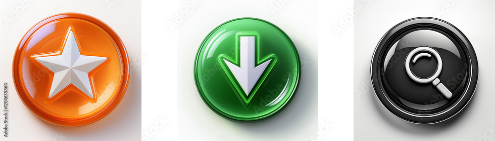 Three glossy circular buttons showcase different symbols: a star, a downward arrow, and a magnifying glass. Each button features a contrasting color scheme for visual impact. Three glossy circular buttons showcase different symbols: a star, a downward arrow, and a magnifying glass. Each button features a contrasting color scheme for visual impact.