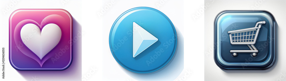 Three glossy buttons: heart, play, shopping cart. Simple icons for love, media, and commerce. Three glossy buttons: heart, play, shopping cart. Simple icons for love, media, and commerce.