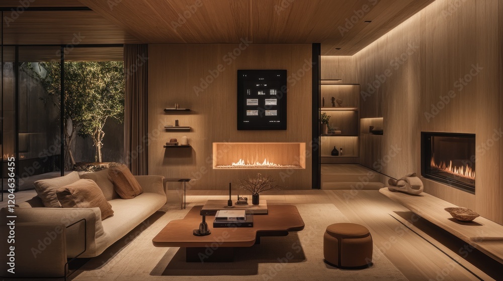 Fototapeta premium Modern Minimalist Living Room with Fireplace and Smart Home Features