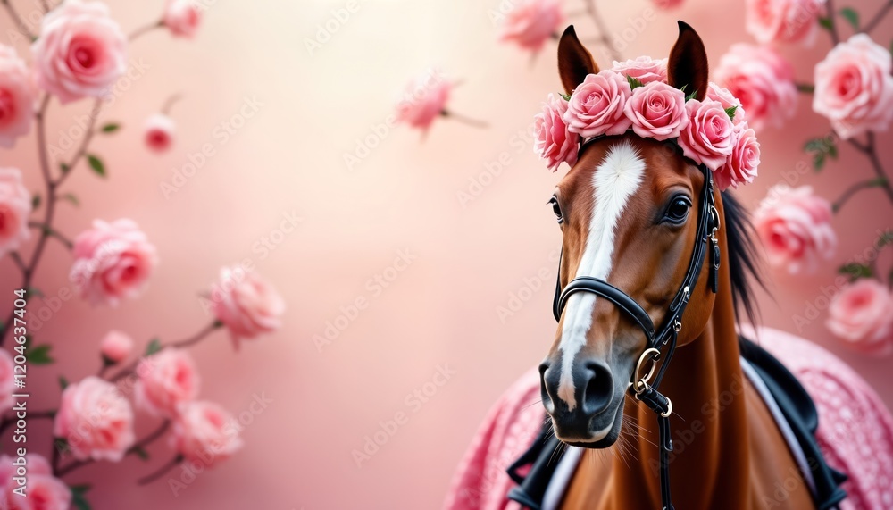 Fototapeta premium Elegant horse with floral headpiece. Pink roses surround horse. Pretty blossom floral arrangement. Peaceful day. Possible event like celebration festival. Fashionable, festive atmosphere. Horse
