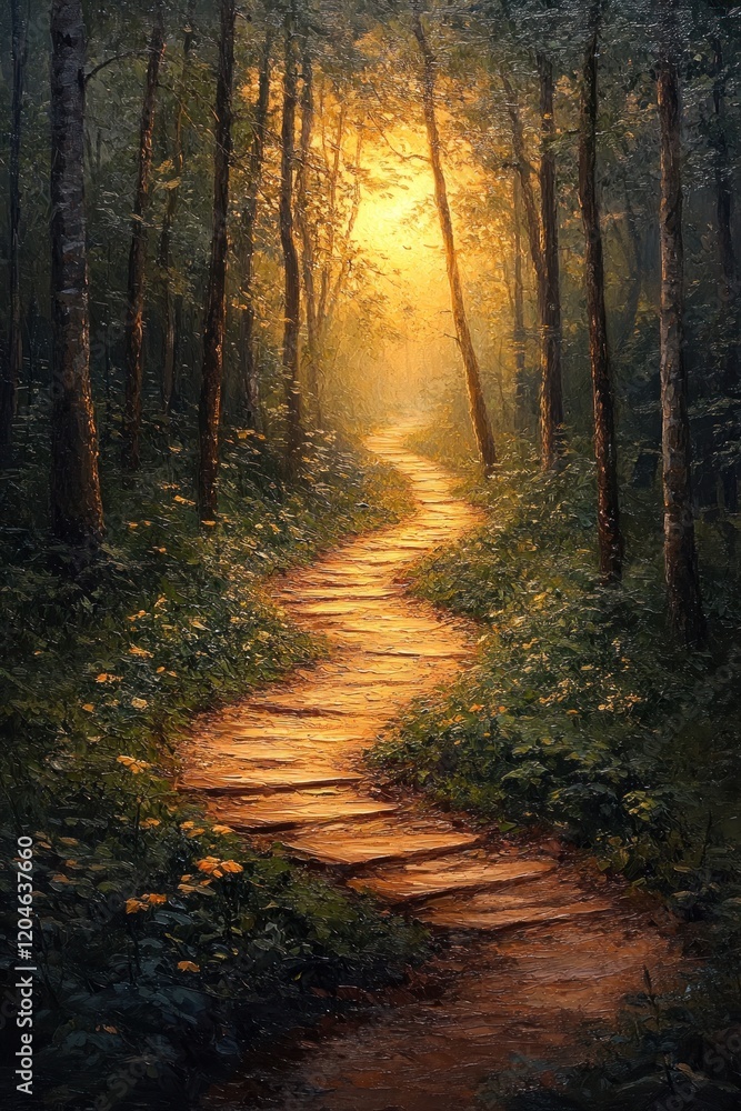 Golden Morning Pathway in Serene Forest Golden Morning Pathway in Serene Forest