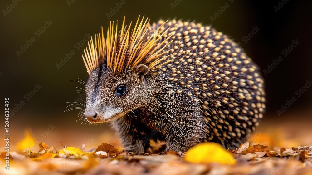 Fototapeta premium Golden-striped hedgehog in autumn leaves, forest background, wildlife photography for nature publications