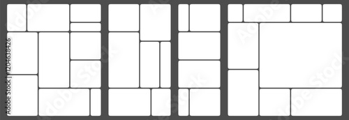 Mosaic montage grid template. Visual brick wireframe of geometric blocks layout. Composite chaos shapes for photomontage modern collection. Statistic software bento website design slide technology.