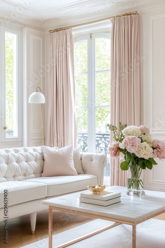 A French living room with pastel pink walls, a tufted white sofa, a white marble coffee table, and blush pink curtains for a soft, elegant atmosphere