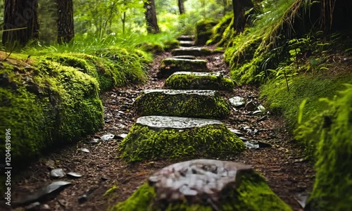 A serene forest path lined with moss-covered stones, inviting exploration and tranquility.