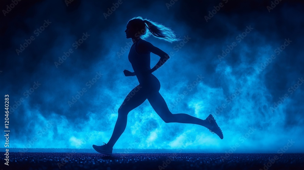 Dynamic Silhouette of a Woman Running Through Blue Smoke Dynamic Silhouette of a Woman Running Through Blue Smoke