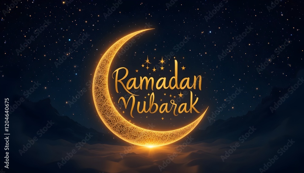 © Saratam Photoplex - Ramadan Mubarak banner with golden calligraphy text on a glowing crescent moon and starry sky background. Perfect for posters, ads, or festive greetings. © Saratam Photoplex - Ramadan Mubarak banner with golden calligraphy text on a glowing crescent moon and starry sky background. Perfect for posters, ads, or festive greetings.