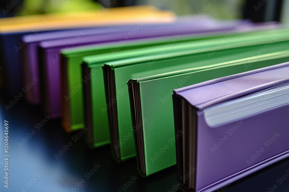 A series of green and purple folders with white pockets, offering a unique and colorful filing solution A series of green and purple folders with white pockets, offering a unique and colorful filing solution