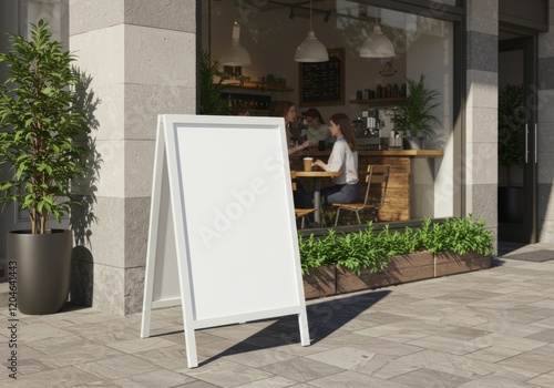 mockup A-frame blank white signboard in front of a cozy modern cafe with plants and large windows, inviting ambiance with people enjoying drinks and conversation inside