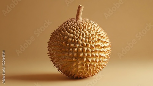 A durian fruit is prominently positioned against a neutral background, emphasizing its spiky exterior and unique shape. The setting highlights the fruit's distinctiveness and appeal.