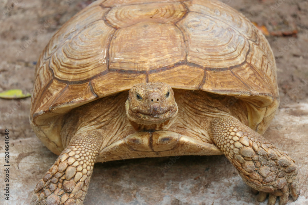Giant Yellow-Footed Tortoise walking free on land. Big Turtles at the Zoo Giant Yellow-Footed Tortoise walking free on land. Big Turtles at the Zoo