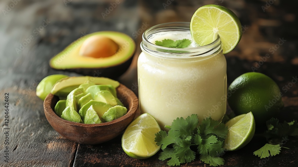 Fresh kefir served with avocado, lime, and cilantro on rustic wooden table Fresh kefir served with avocado, lime, and cilantro on rustic wooden table