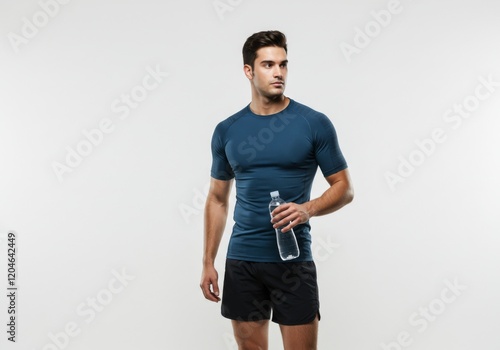 Fit young man in a tight blue athletic shirt and black shorts, holding a water bottle and posing confidently, embodying strength and dedication to fitness against a clean white background