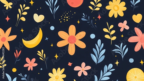 Vibrant Floral Moon Night Seamless Pattern