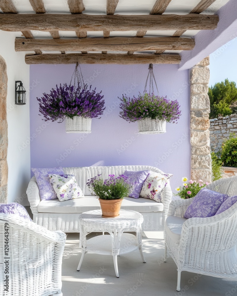 Fototapeta premium A small Provencal terrace with pastel lavender walls, white wicker furniture, floral cushions, and hanging flower pots
