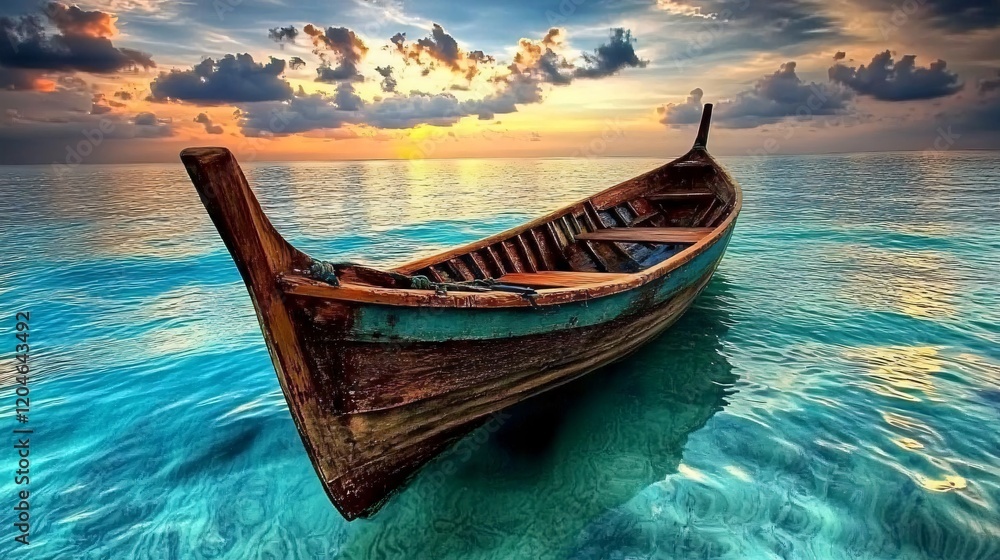 Obraz premium Serene Sunset, Wooden Boat on Calm Turquoise Ocean